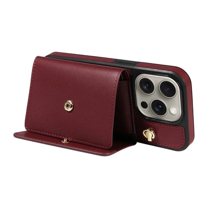 For iPhone 15 Pro Max Crossbody Phone Case Card Holder Kickstand Leather Coated TPU Mobile Cover