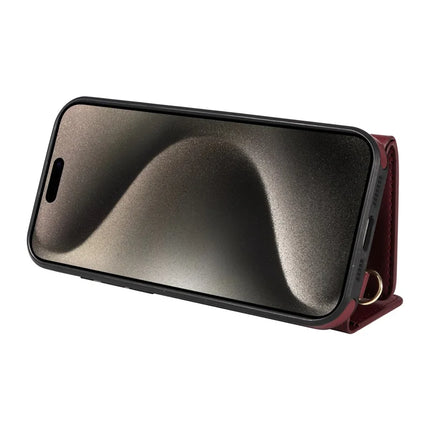For iPhone 15 Pro Max Crossbody Phone Case Card Holder Kickstand Leather Coated TPU Mobile Cover