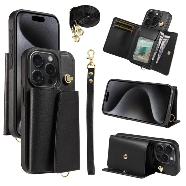 For iPhone 15 Pro Crossbody Phone Case Card Holder Kickstand Leather Coated TPU Mobile Cover - Black
