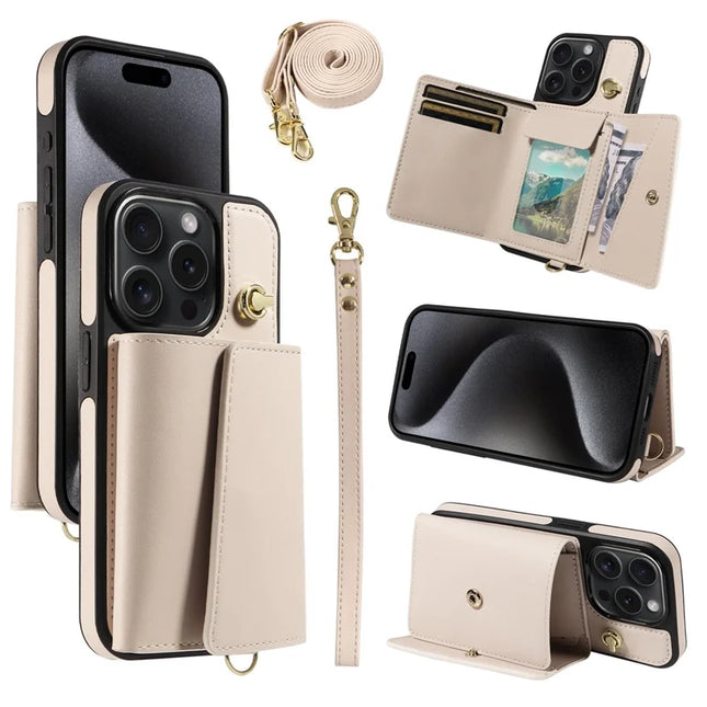 For iPhone 15 Pro Crossbody Phone Case Card Holder Kickstand Leather Coated TPU Mobile Cover - Beige