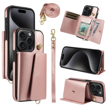 For iPhone 15 Pro Crossbody Phone Case Card Holder Kickstand Leather Coated TPU Mobile Cover - Rose Gold