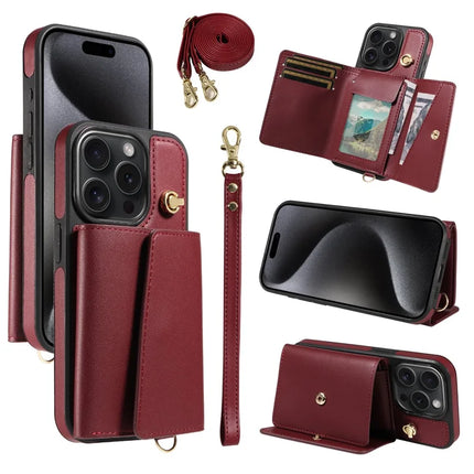 For iPhone 15 Pro Crossbody Phone Case Card Holder Kickstand Leather Coated TPU Mobile Cover - Wine Red