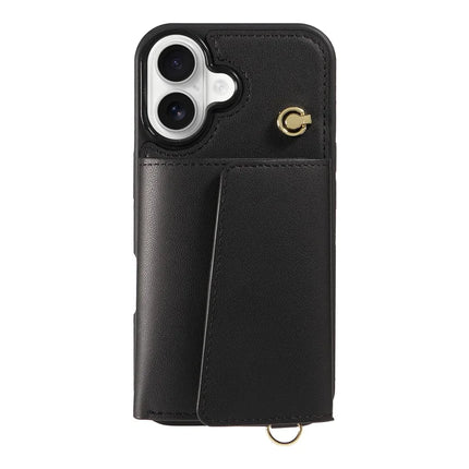 For iPhone 16 Crossbody Phone Case Card Holder Kickstand Leather Coated TPU Mobile Cover