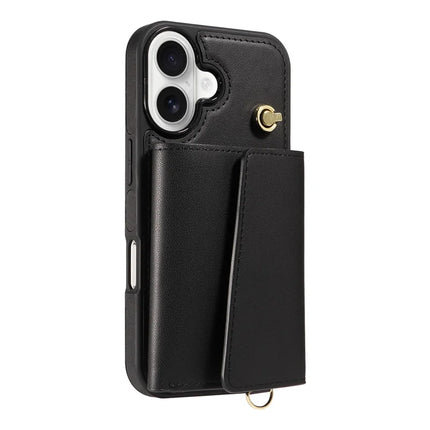 For iPhone 16 Crossbody Phone Case Card Holder Kickstand Leather Coated TPU Mobile Cover