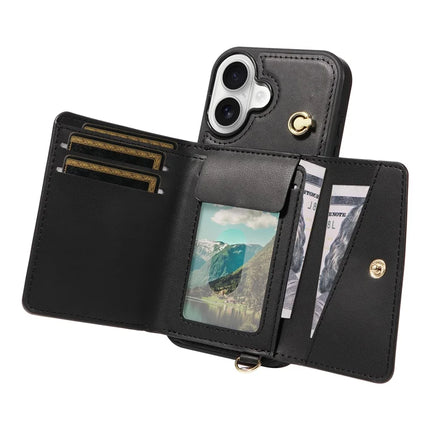 For iPhone 16 Crossbody Phone Case Card Holder Kickstand Leather Coated TPU Mobile Cover