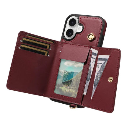 For iPhone 16 Crossbody Phone Case Card Holder Kickstand Leather Coated TPU Mobile Cover
