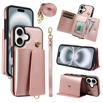 For iPhone 16 Crossbody Phone Case Card Holder Kickstand Leather Coated TPU Mobile Cover - Rose Gold