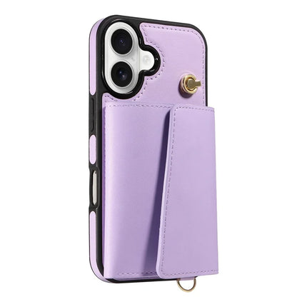 For iPhone 16 Crossbody Phone Case Card Holder Kickstand Leather Coated TPU Mobile Cover