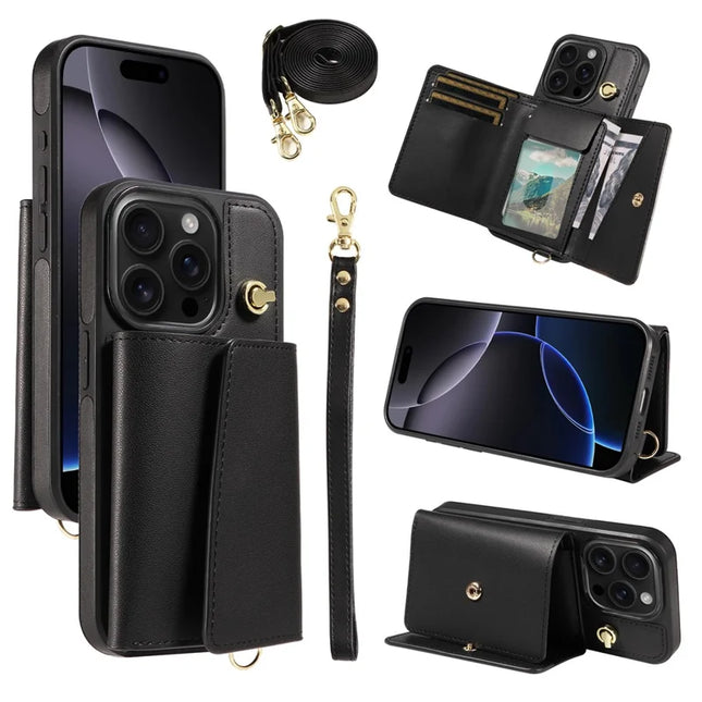 For iPhone 16 Pro Crossbody Phone Case Card Holder Kickstand Leather Coated TPU Mobile Cover - Black