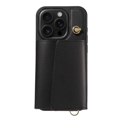 For iPhone 16 Pro Crossbody Phone Case Card Holder Kickstand Leather Coated TPU Mobile Cover
