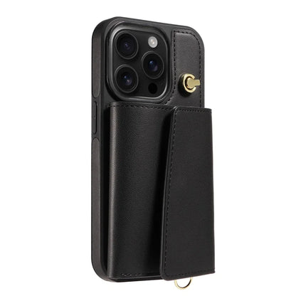 For iPhone 16 Pro Crossbody Phone Case Card Holder Kickstand Leather Coated TPU Mobile Cover