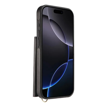 For iPhone 16 Pro Crossbody Phone Case Card Holder Kickstand Leather Coated TPU Mobile Cover