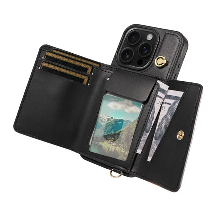 For iPhone 16 Pro Crossbody Phone Case Card Holder Kickstand Leather Coated TPU Mobile Cover
