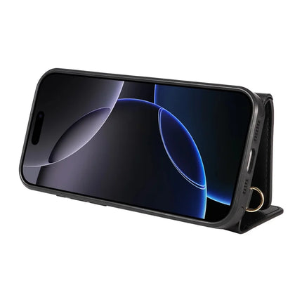 For iPhone 16 Pro Crossbody Phone Case Card Holder Kickstand Leather Coated TPU Mobile Cover