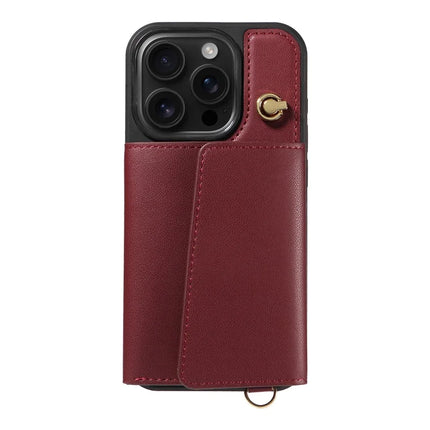 For iPhone 16 Pro Crossbody Phone Case Card Holder Kickstand Leather Coated TPU Mobile Cover
