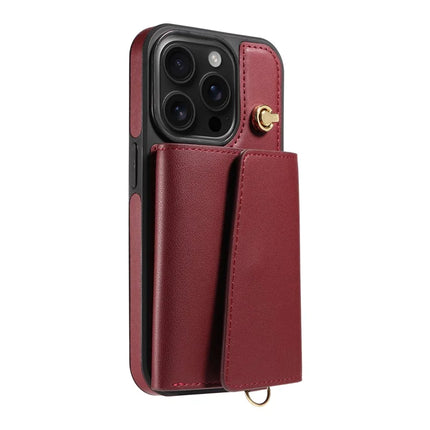 For iPhone 16 Pro Crossbody Phone Case Card Holder Kickstand Leather Coated TPU Mobile Cover