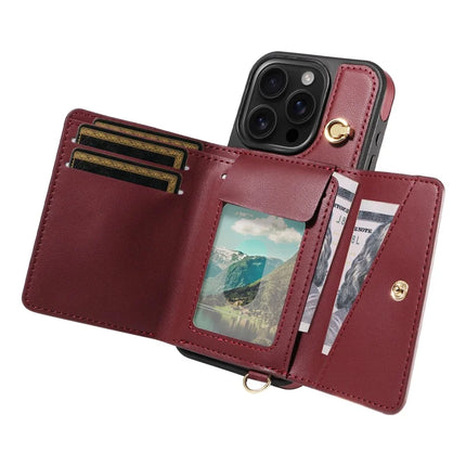 For iPhone 16 Pro Crossbody Phone Case Card Holder Kickstand Leather Coated TPU Mobile Cover