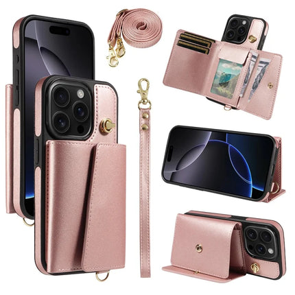 For iPhone 16 Pro Crossbody Phone Case Card Holder Kickstand Leather Coated TPU Mobile Cover - Rose Gold