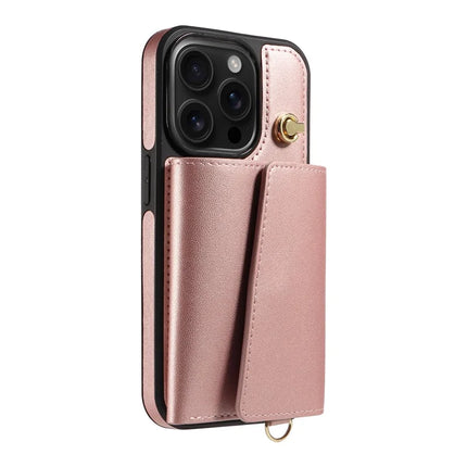For iPhone 16 Pro Crossbody Phone Case Card Holder Kickstand Leather Coated TPU Mobile Cover