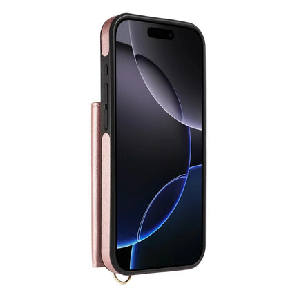 For iPhone 16 Pro Crossbody Phone Case Card Holder Kickstand Leather Coated TPU Mobile Cover