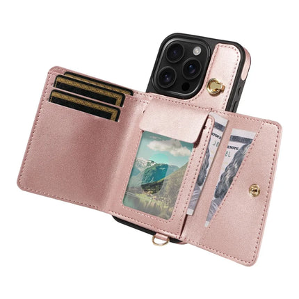 For iPhone 16 Pro Crossbody Phone Case Card Holder Kickstand Leather Coated TPU Mobile Cover