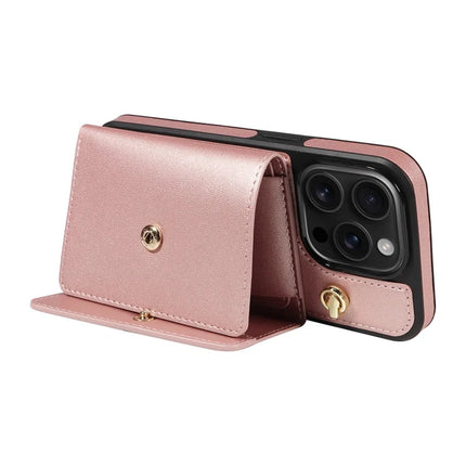 For iPhone 16 Pro Crossbody Phone Case Card Holder Kickstand Leather Coated TPU Mobile Cover