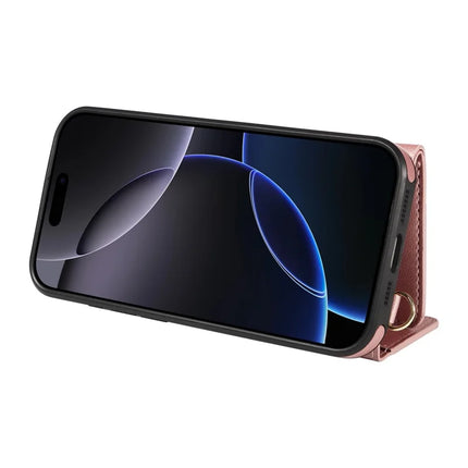 For iPhone 16 Pro Crossbody Phone Case Card Holder Kickstand Leather Coated TPU Mobile Cover