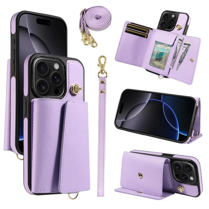 For iPhone 16 Pro Crossbody Phone Case Card Holder Kickstand Leather Coated TPU Mobile Cover - Purple