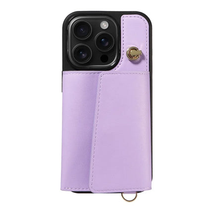 For iPhone 16 Pro Crossbody Phone Case Card Holder Kickstand Leather Coated TPU Mobile Cover