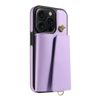 For iPhone 16 Pro Crossbody Phone Case Card Holder Kickstand Leather Coated TPU Mobile Cover