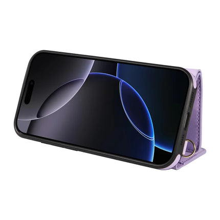 For iPhone 16 Pro Crossbody Phone Case Card Holder Kickstand Leather Coated TPU Mobile Cover