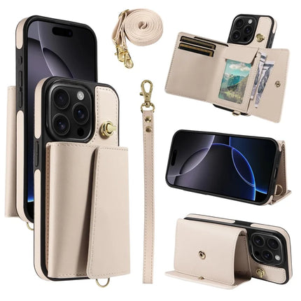 For iPhone 16 Pro Crossbody Phone Case Card Holder Kickstand Leather Coated TPU Mobile Cover - Beige