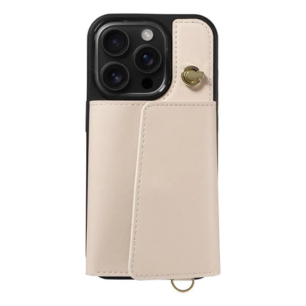 For iPhone 16 Pro Crossbody Phone Case Card Holder Kickstand Leather Coated TPU Mobile Cover