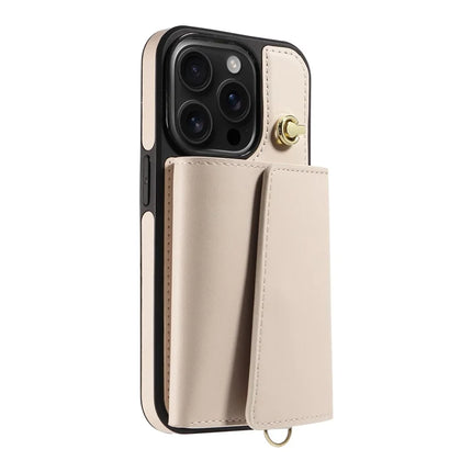 For iPhone 16 Pro Crossbody Phone Case Card Holder Kickstand Leather Coated TPU Mobile Cover
