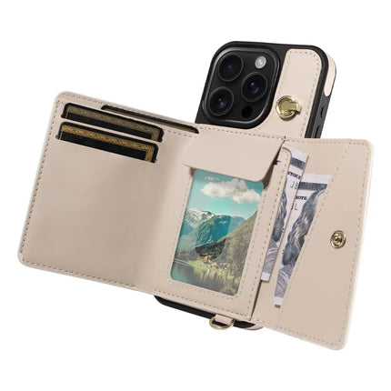 For iPhone 16 Pro Crossbody Phone Case Card Holder Kickstand Leather Coated TPU Mobile Cover
