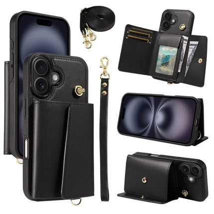 For iPhone 16 Plus Crossbody Phone Case Card Holder Kickstand Leather Coated TPU Mobile Cover - Black