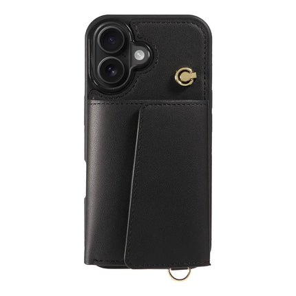 For iPhone 16 Plus Crossbody Phone Case Card Holder Kickstand Leather Coated TPU Mobile Cover
