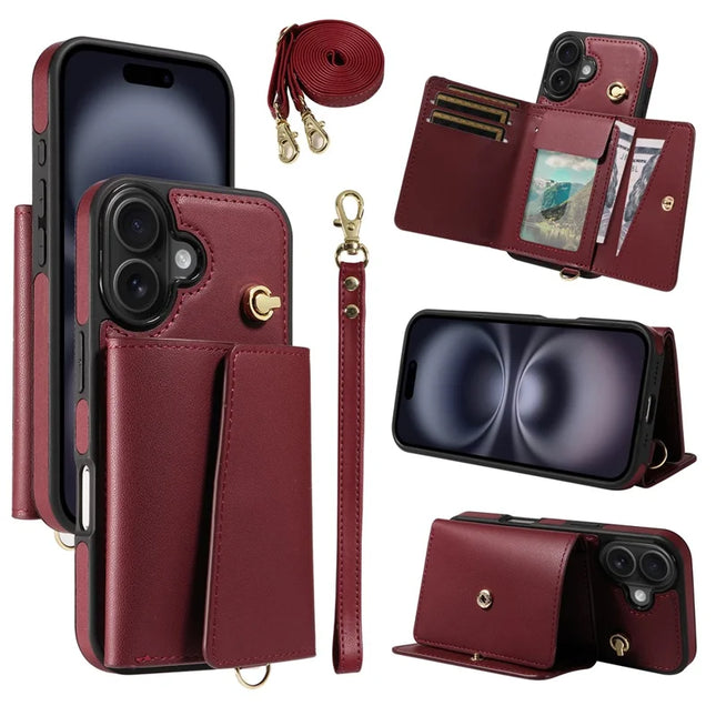For iPhone 16 Plus Crossbody Phone Case Card Holder Kickstand Leather Coated TPU Mobile Cover - Wine Red