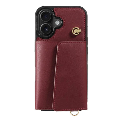 For iPhone 16 Plus Crossbody Phone Case Card Holder Kickstand Leather Coated TPU Mobile Cover