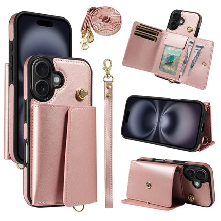 For iPhone 16 Plus Crossbody Phone Case Card Holder Kickstand Leather Coated TPU Mobile Cover - Rose Gold
