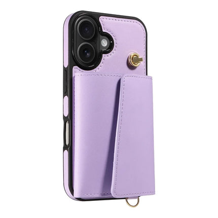 For iPhone 16 Plus Crossbody Phone Case Card Holder Kickstand Leather Coated TPU Mobile Cover