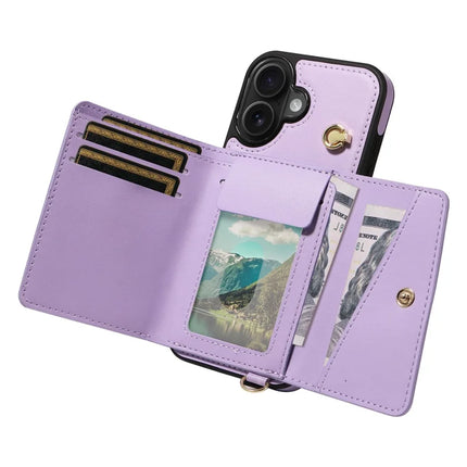 For iPhone 16 Plus Crossbody Phone Case Card Holder Kickstand Leather Coated TPU Mobile Cover