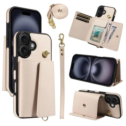 For iPhone 16 Plus Crossbody Phone Case Card Holder Kickstand Leather Coated TPU Mobile Cover - Beige