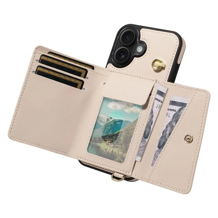 For iPhone 16 Plus Crossbody Phone Case Card Holder Kickstand Leather Coated TPU Mobile Cover