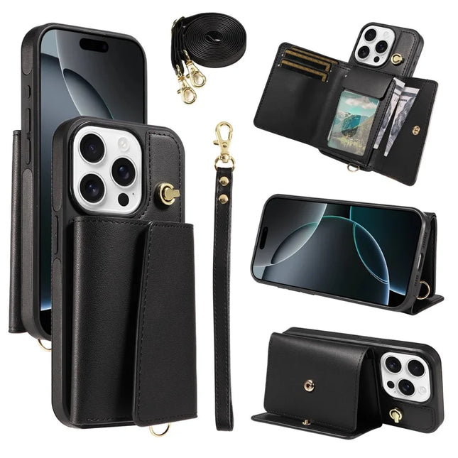 For iPhone 16 Pro Max Crossbody Phone Case Card Holder Kickstand Leather Coated TPU Mobile Cover - Black