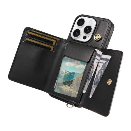 For iPhone 16 Pro Max Crossbody Phone Case Card Holder Kickstand Leather Coated TPU Mobile Cover
