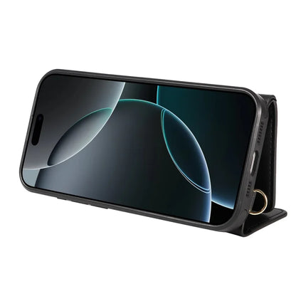 For iPhone 16 Pro Max Crossbody Phone Case Card Holder Kickstand Leather Coated TPU Mobile Cover