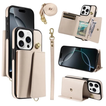 For iPhone 16 Pro Max Crossbody Phone Case Card Holder Kickstand Leather Coated TPU Mobile Cover - Beige