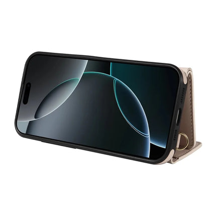 For iPhone 16 Pro Max Crossbody Phone Case Card Holder Kickstand Leather Coated TPU Mobile Cover
