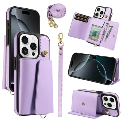For iPhone 16 Pro Max Crossbody Phone Case Card Holder Kickstand Leather Coated TPU Mobile Cover - Purple